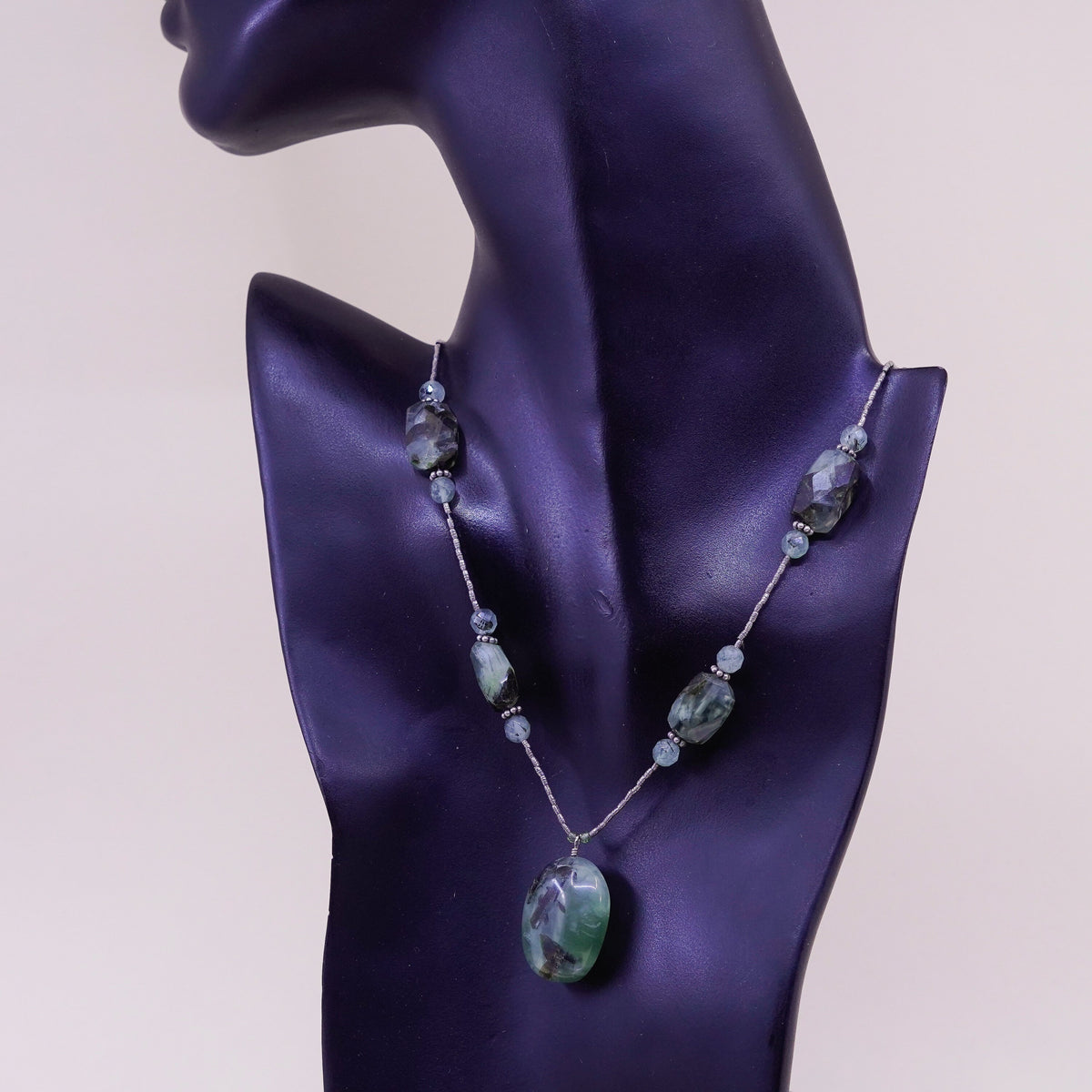 16”, vintage sterling 925 silver handmade necklace with nugget prehnite pendant