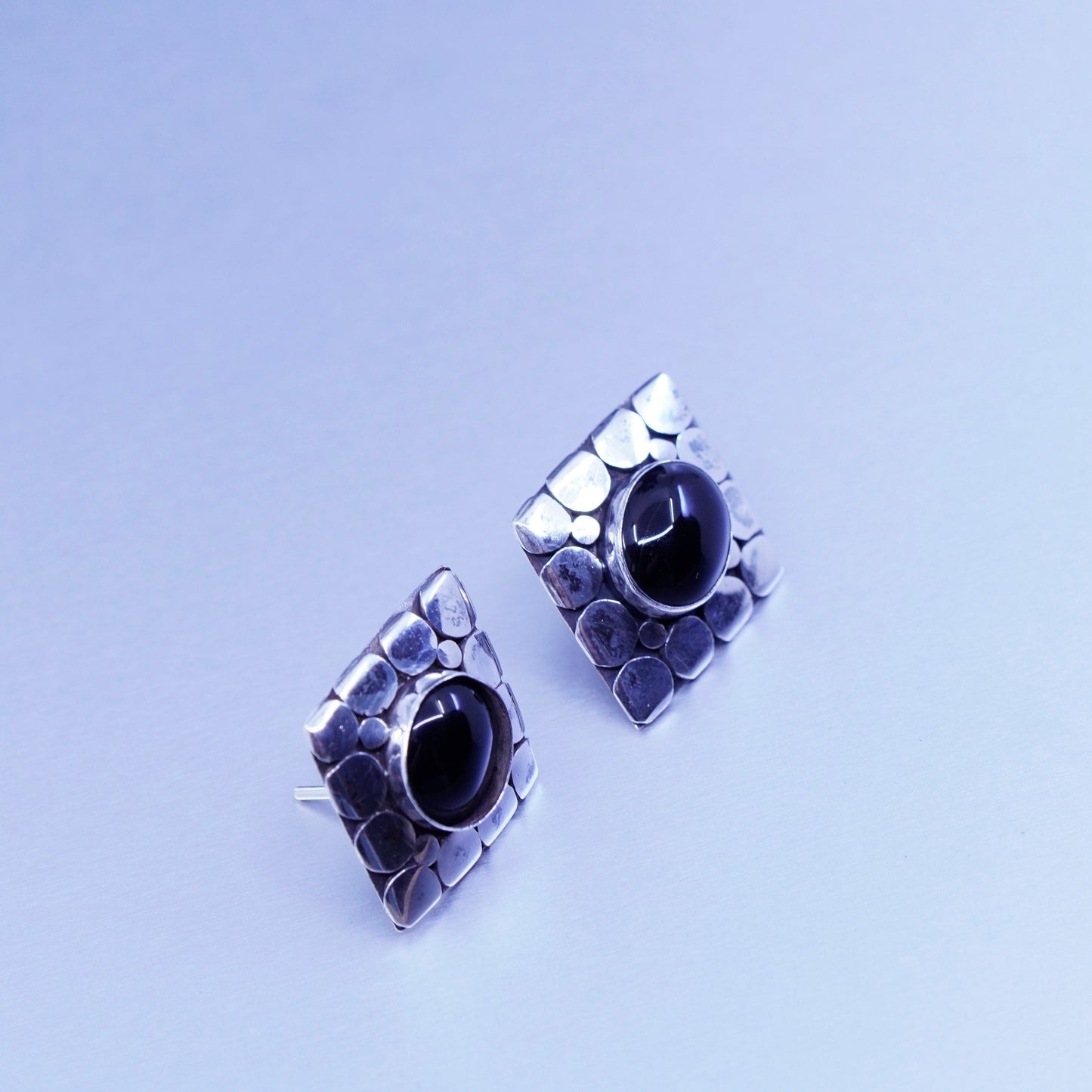 Vintage Sterling 925 silver handmade earrings, pebble textured studs with onyx