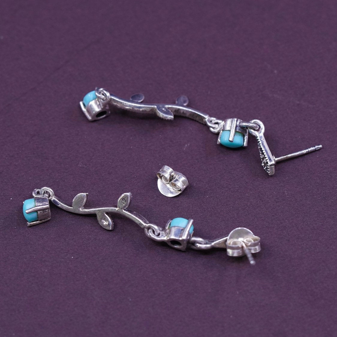 vtg Sterling silver handmade earrings, 925 wavy w/ turquoise, and marcasite