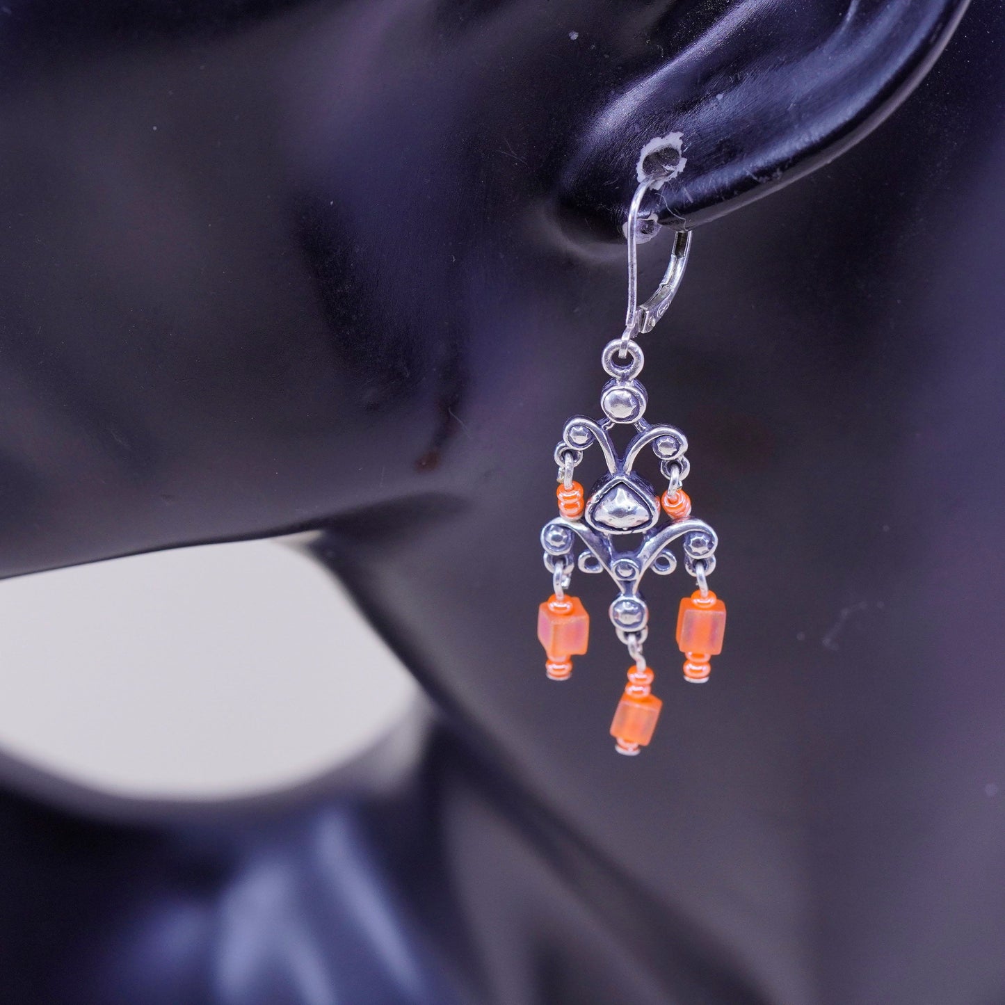 Vintage Sterling silver handmade earrings, 925 filigree heart with orange bead, stamped 925