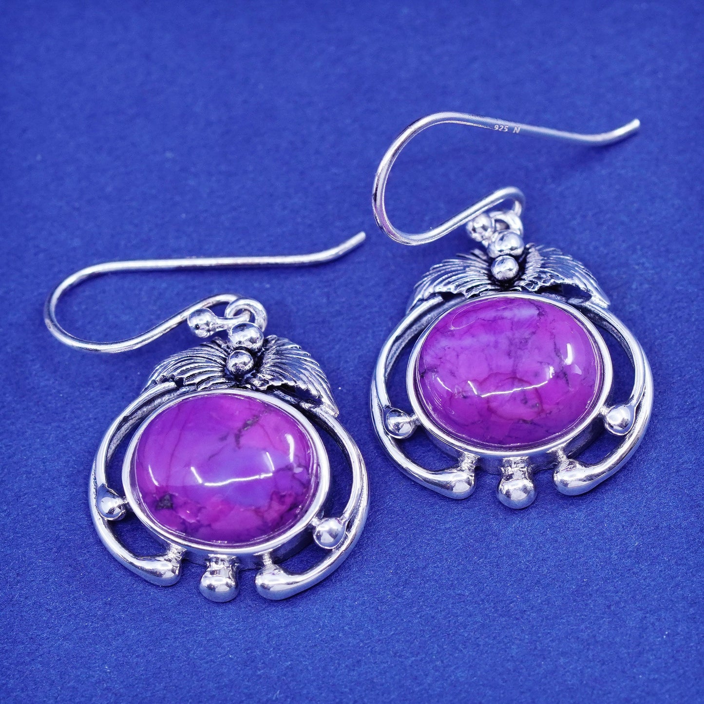 Vintage BBJ Sterling 925 silver handmade earrings with purple turquoise leaves