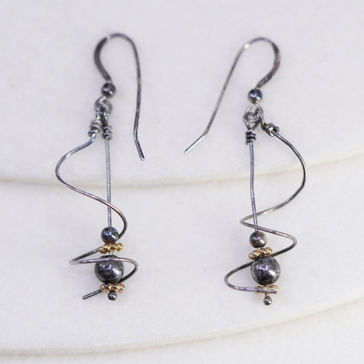 Vintage Sterling 925 silver handmade twisted earrings drop with gold beads