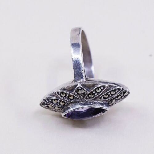 Sz 6.25, Vtg Sterling Silver handmade Ring, 925 W/ Marquise amethyst n marcasite