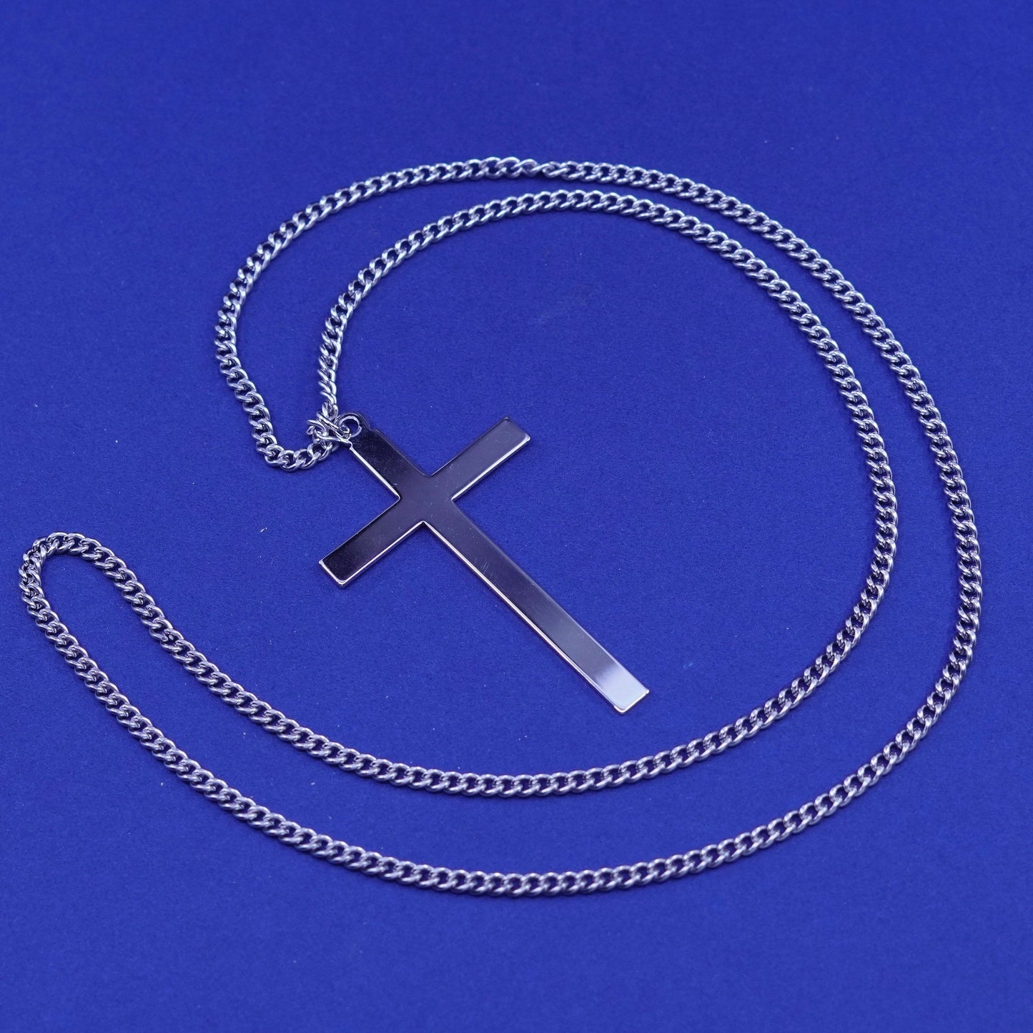 24”, vintage Sterling 925 silver handmade cross with silver tone curb chain