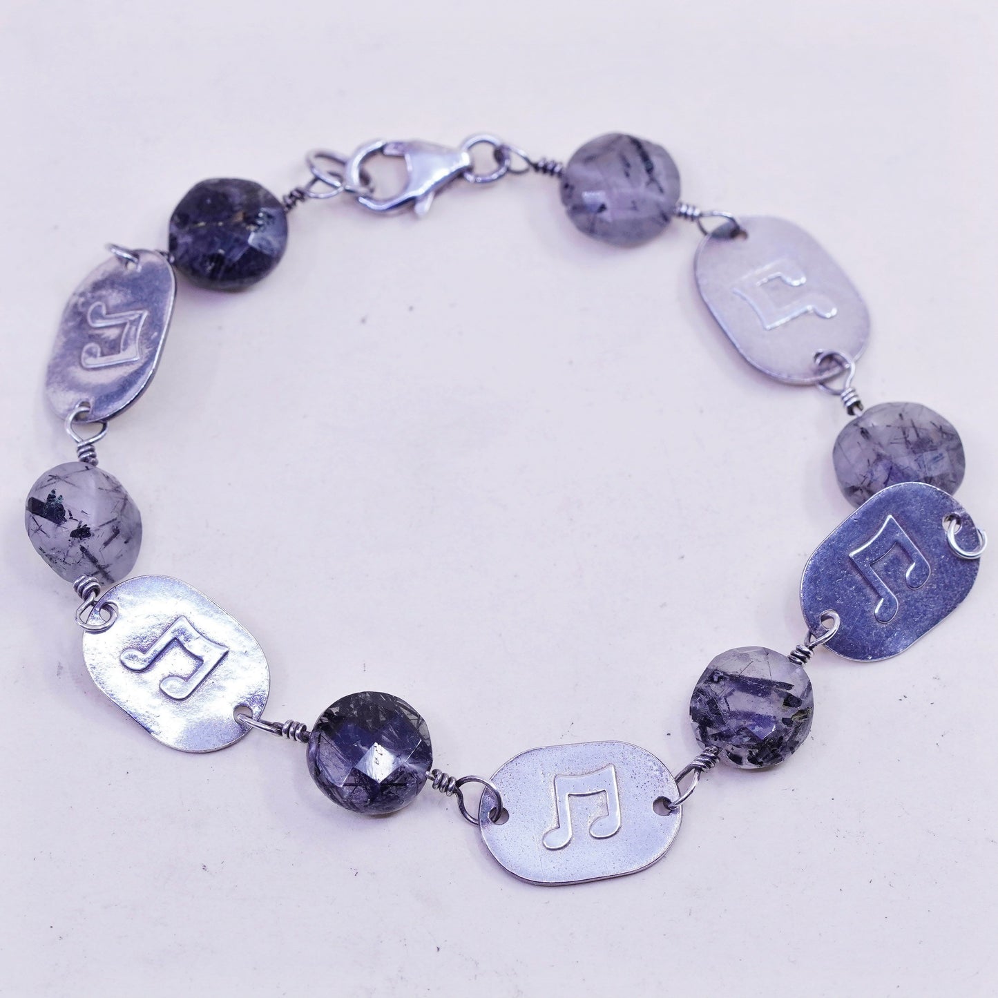 7.25”, vintage Sterling 925 silver handmade bracelet music discs Quartz