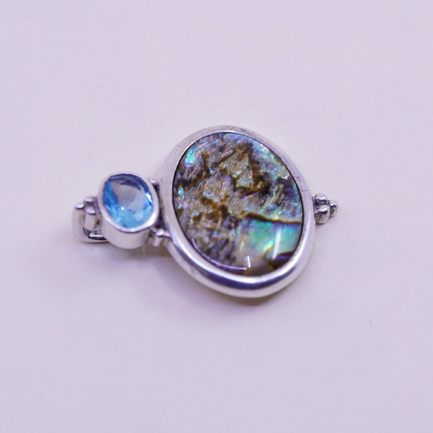 Vintage sterling 925 silver handmade pendant with abalone and topaz