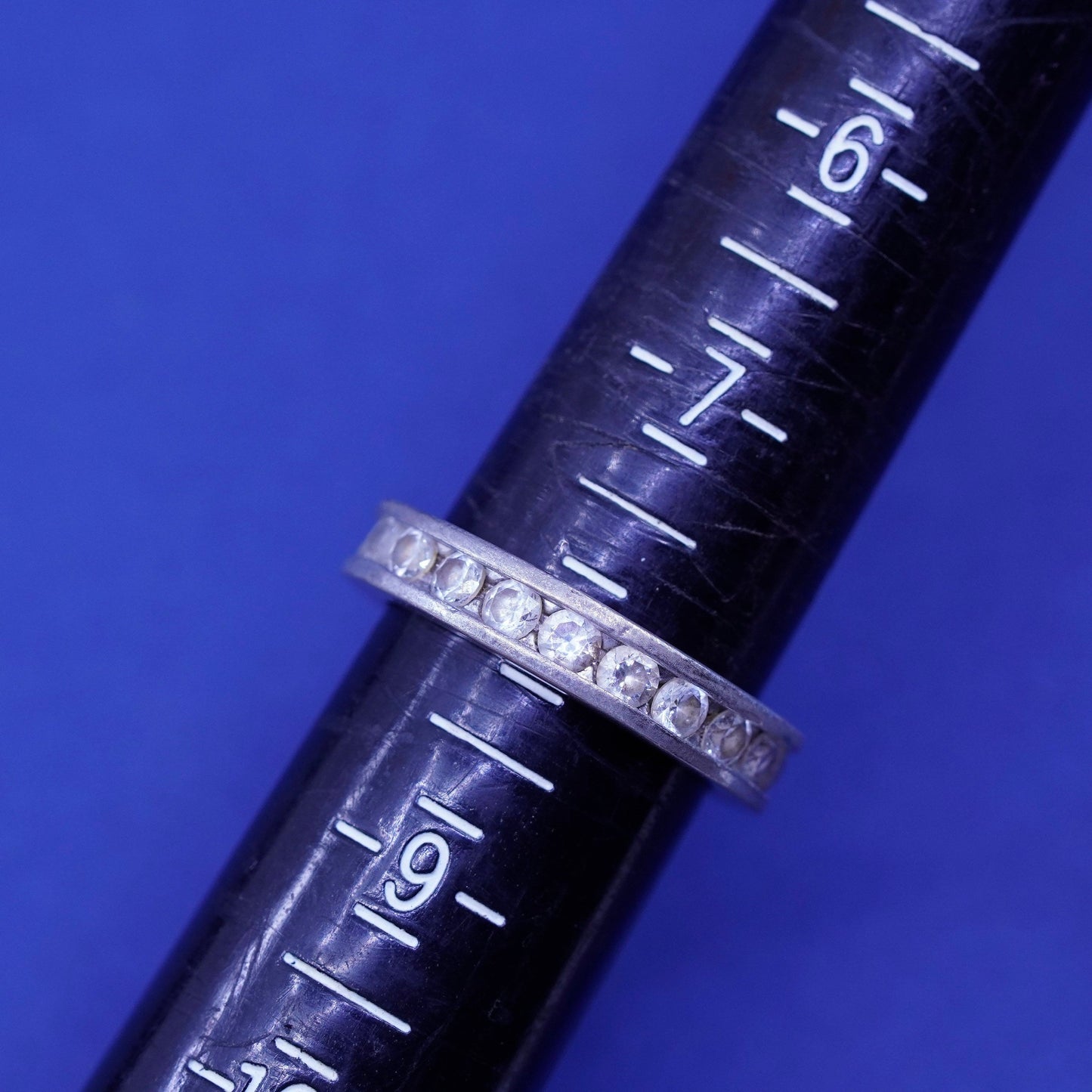 Size 8, vintage Sterling silver engagement ring, 925 band with clear cz around
