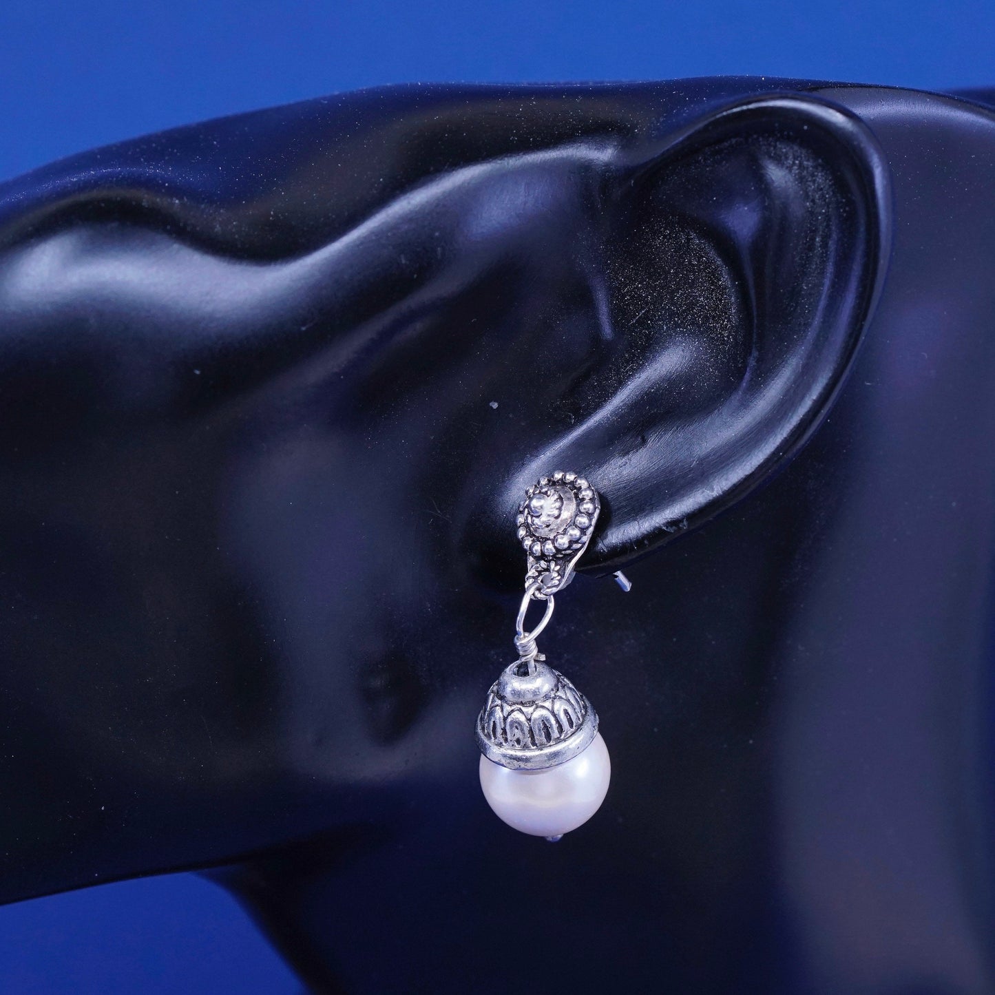 Vintage Sterling silver handmade earrings, bali 925 silver with pearl drops