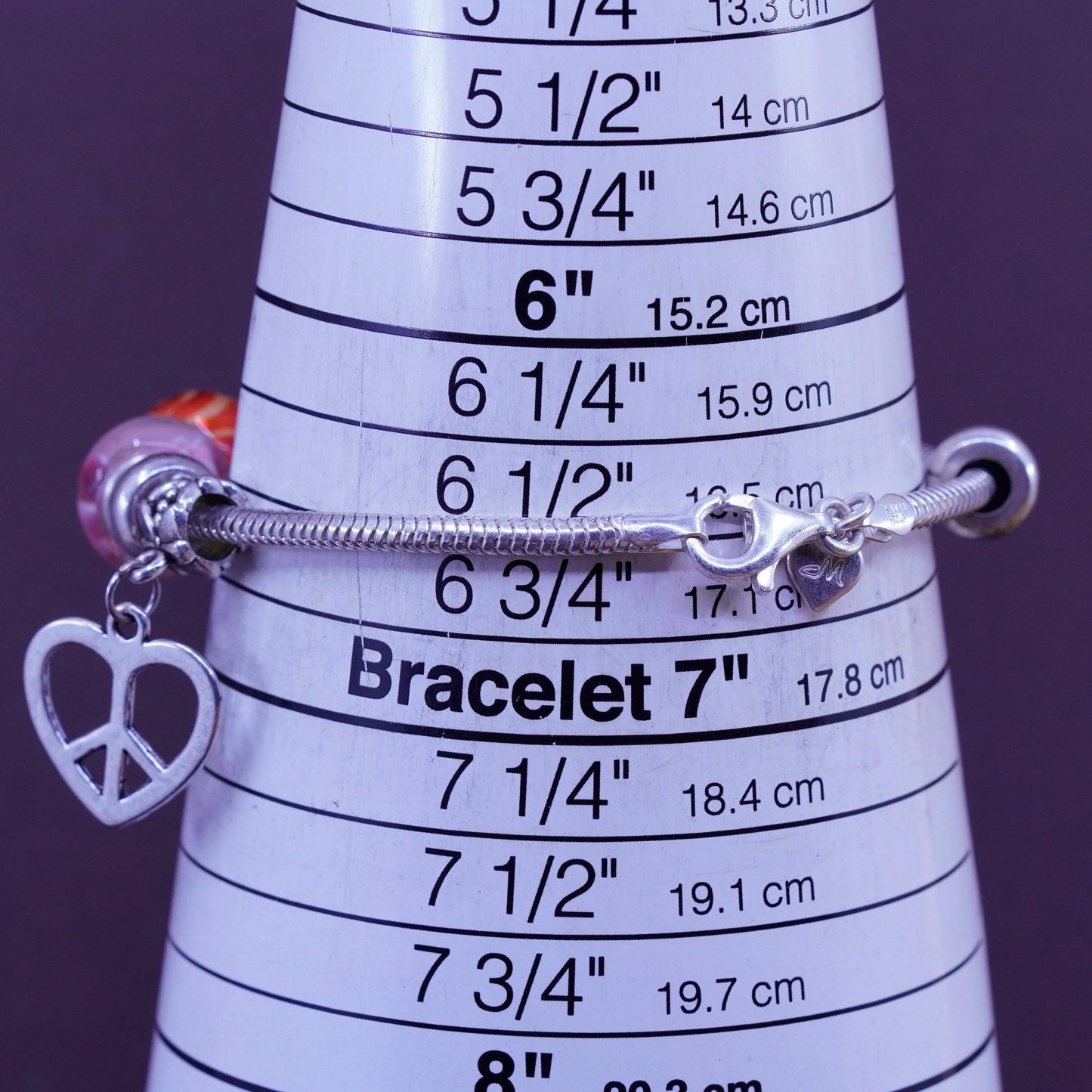 6.5”, sterling silver bracelet, 925 snake chain murano glass initial J beads
