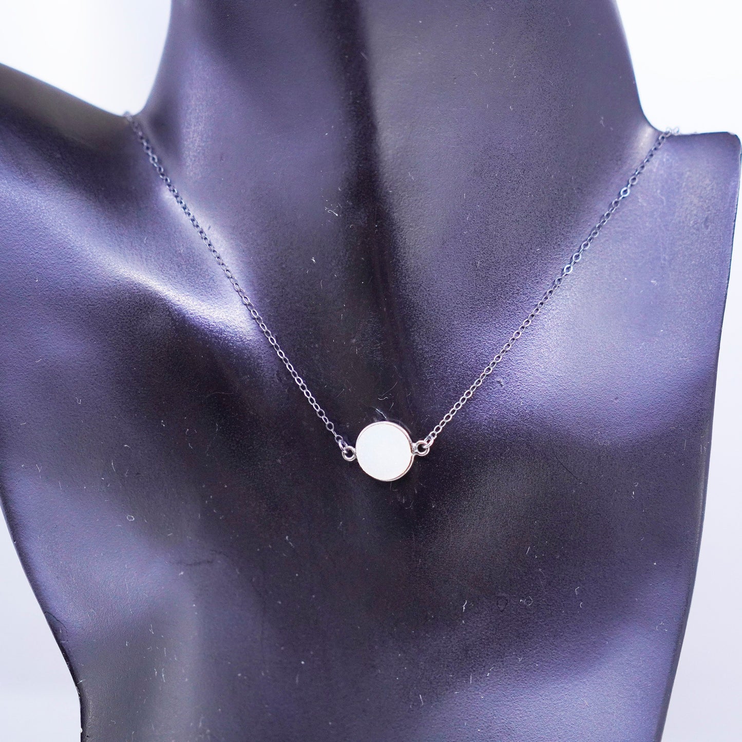 16”, vintage Sterling 925 silver circle chain necklace with white druzy pendant