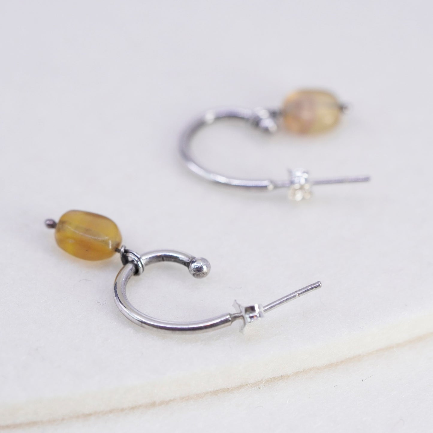 0.75”, vintage Sterling silver handmade earrings, 925 hoops w/ citrine dangles