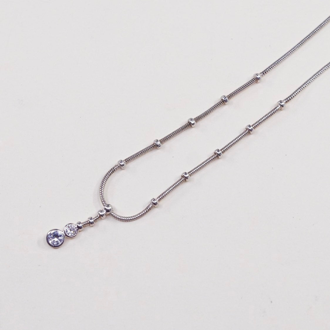 16", 1mm, vtg Sterling silver necklace, Italy 925 snake chain w/ Cz pendant