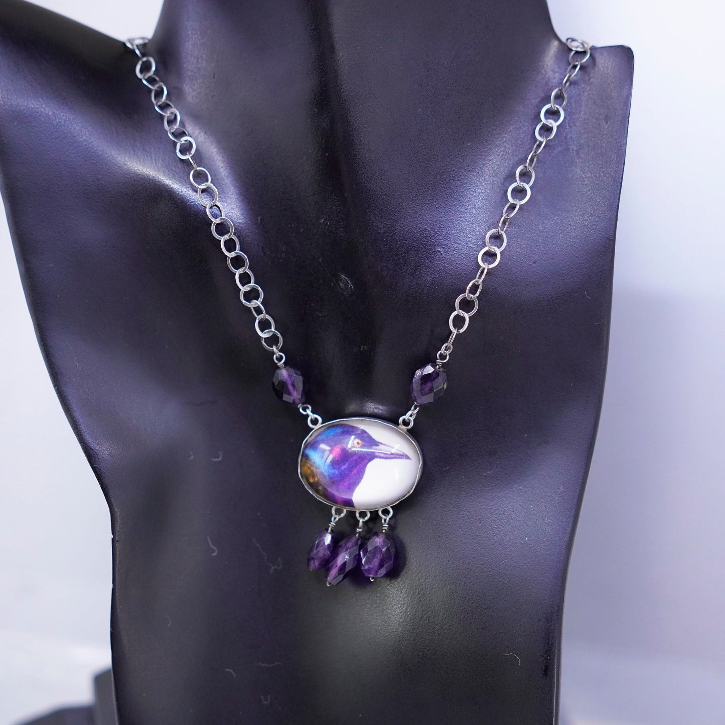 18”, Hotcakes Design sterling 925 silver necklace, Black Raven Oval Pendant
