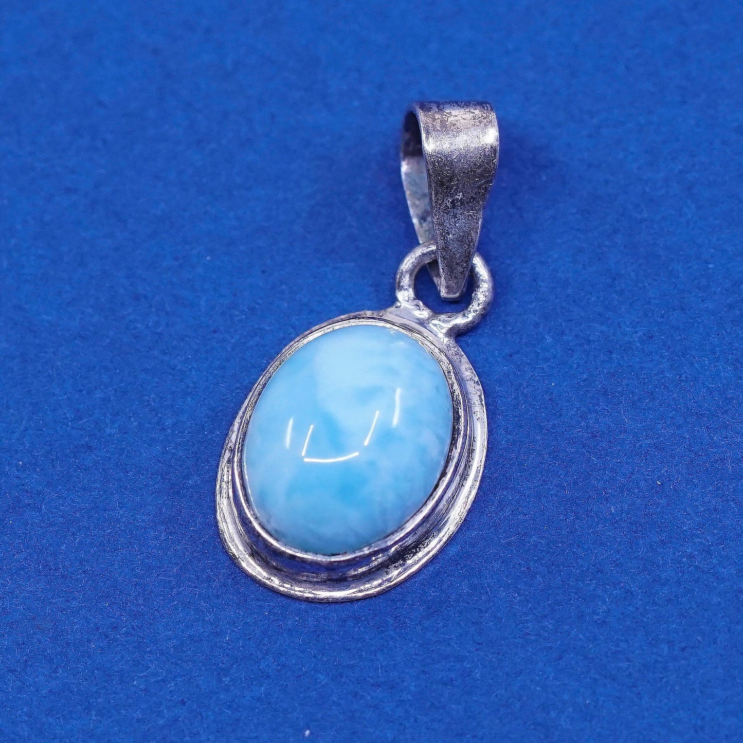 Vintage Sterling Silver Handmade Pendant, 925 with oval larimar, stamped 925