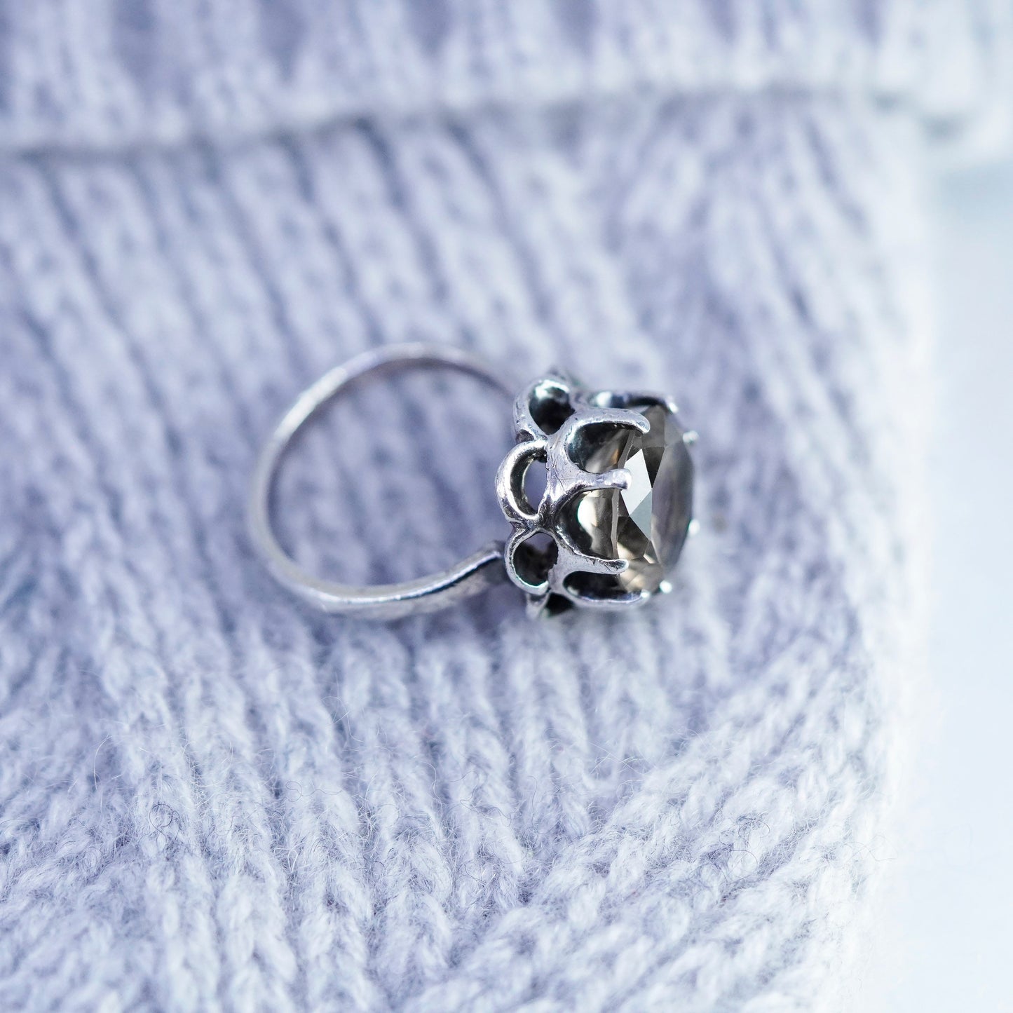 Size 5.5, vintage Sterling 925 silver handmade crown ring with smoky quartz