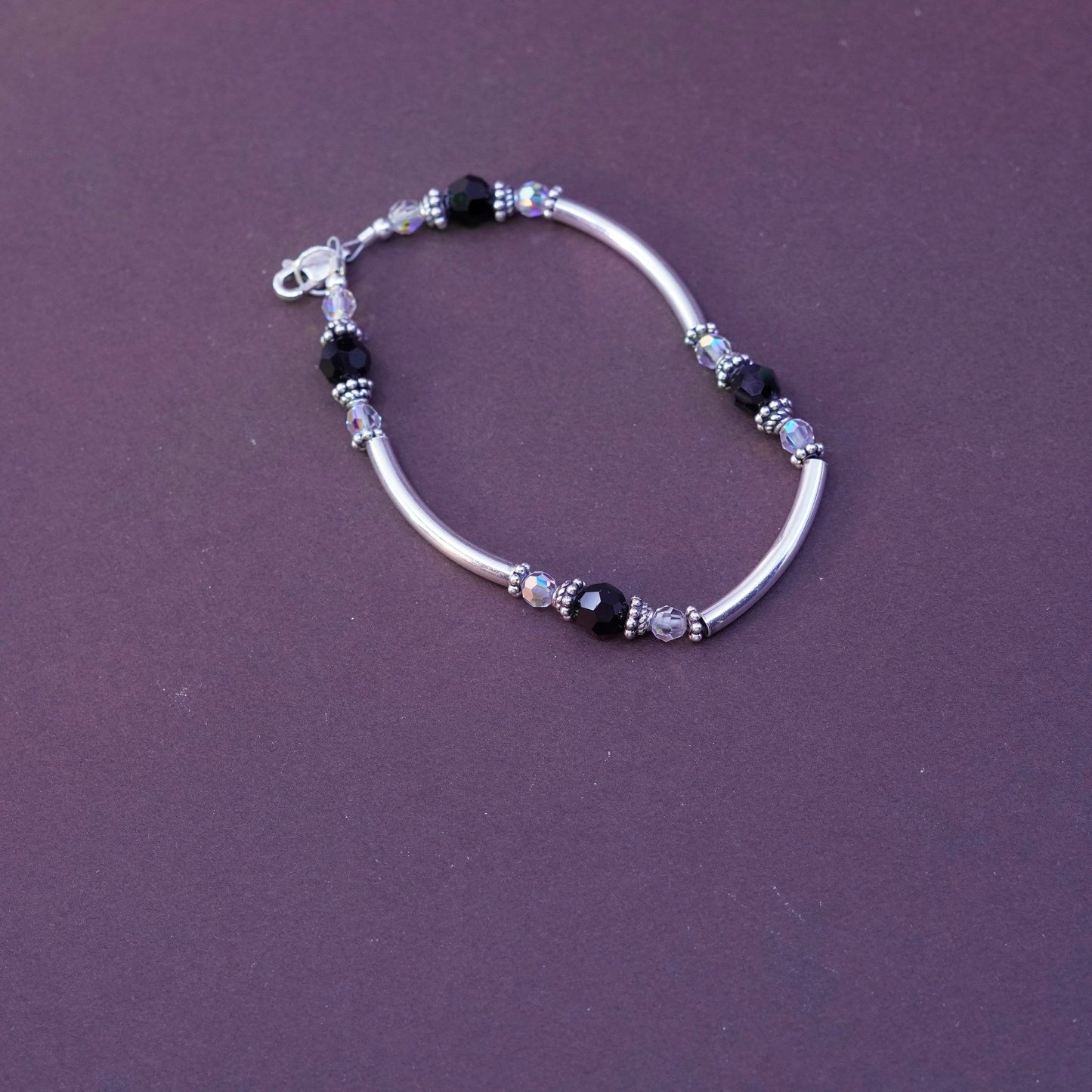 7”, Sterling silver beads bracelet, 925 bar beads with obsidian crystal beads