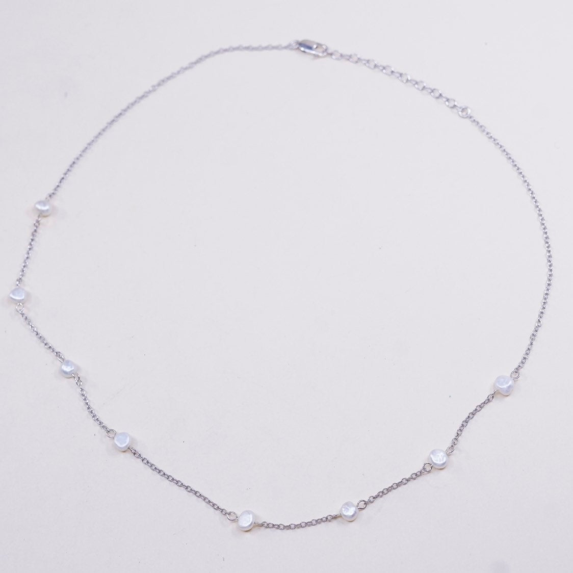 16+2", vtg handmade Sterling silver Circle link chain with pearl beads