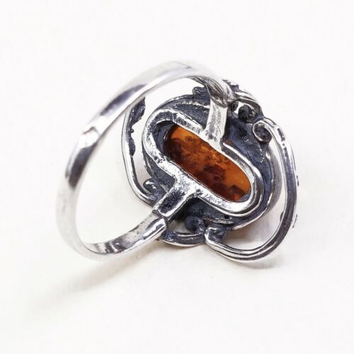 Sz 6.75, Orangle Amber Cabochon Sterling 925 Silver Handmade Ring
