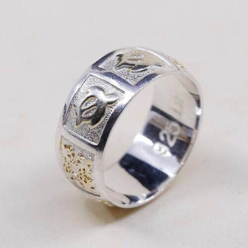 Size 7, Vtg UF Two Tone Turtle Sterling Silver Handmade Statement Ring 925 Band
