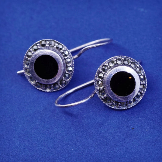 Vintage sterling 925 silver handmade earrings with round obsidian and marcasite