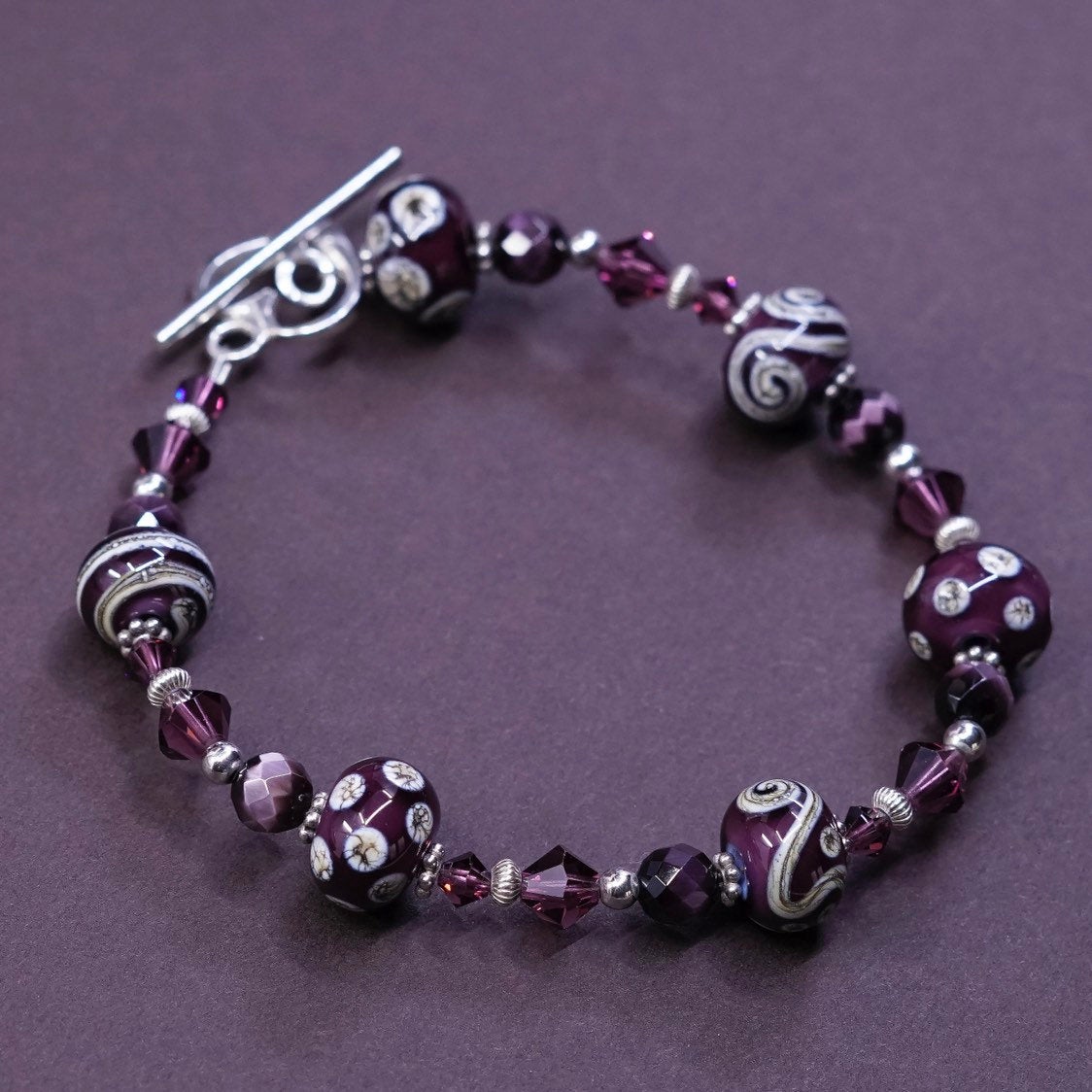6.75”, vtg sterling 925 silver handmade chain, flower glass bead bracelet