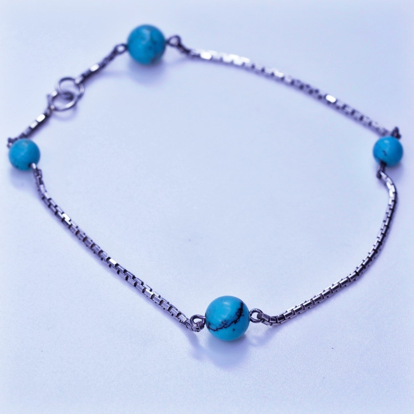 8.5”, Italy Sterling 925 silver handmade bracelet, box chain turquoise beads