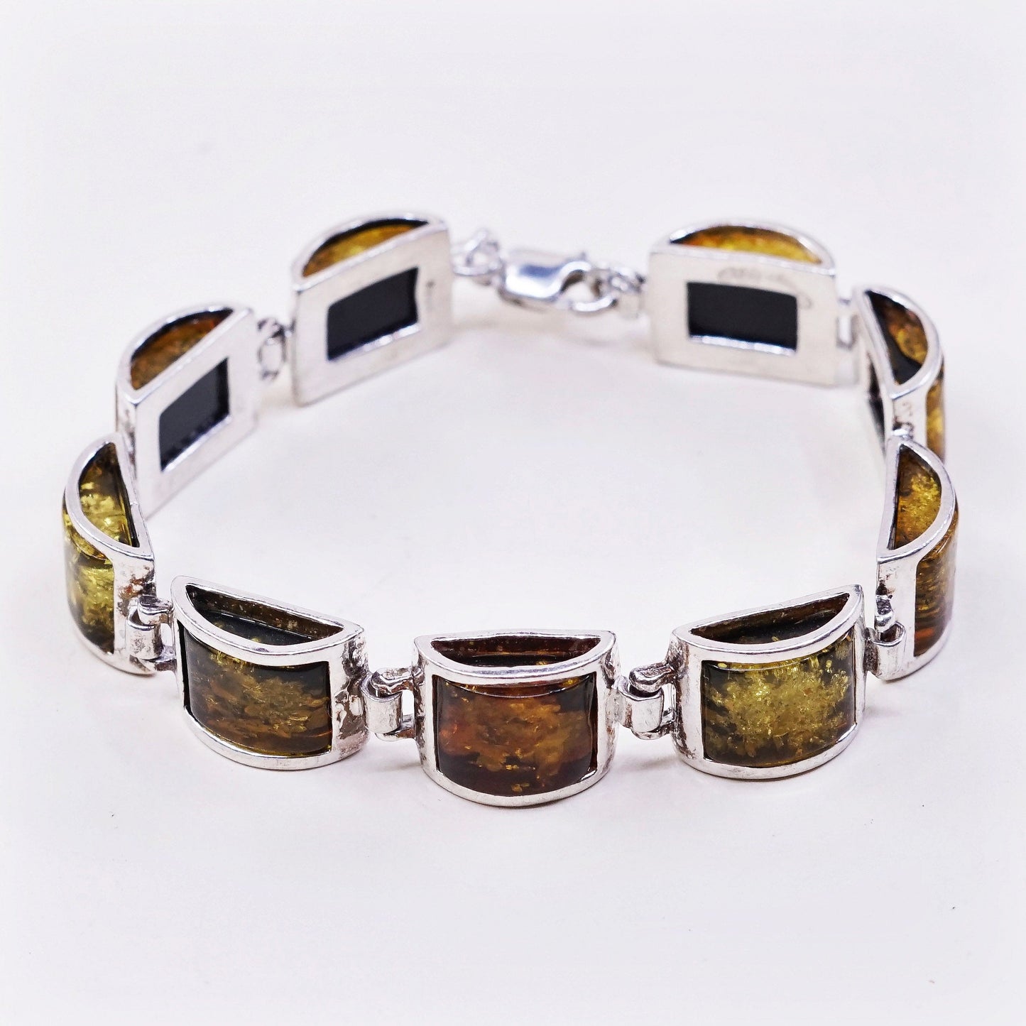 5.75”, Vintage sterling 925 silver handmade tennis bracelet with amber