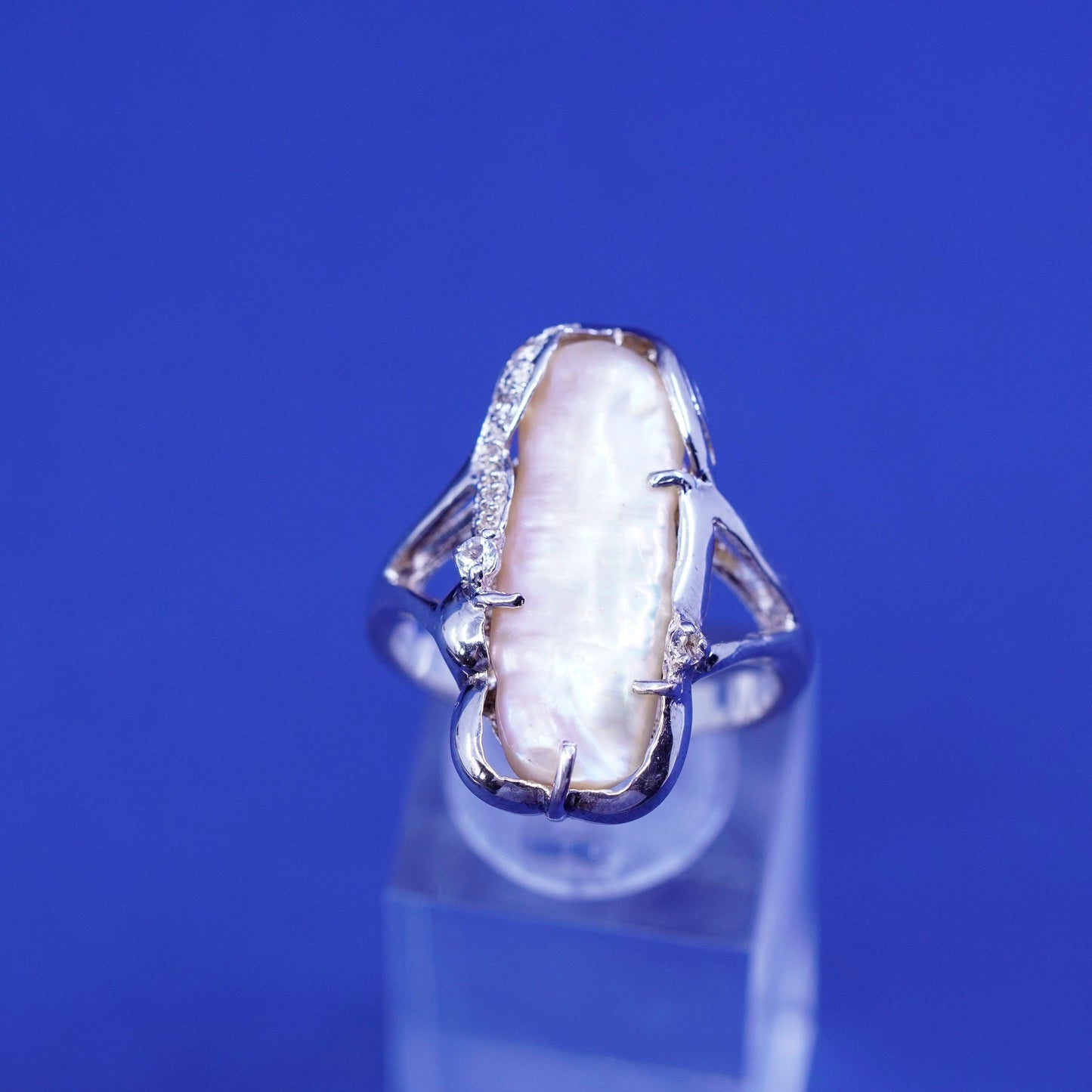 Size 10.25, vtg sterling 925 silver handmade statement ring with pearl and Cz