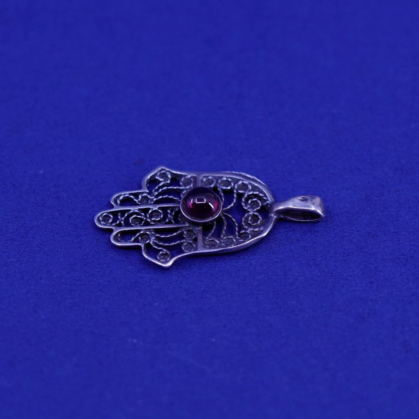 Vintage Sterling silver handmade pendant, 925 filigree hand with garnet