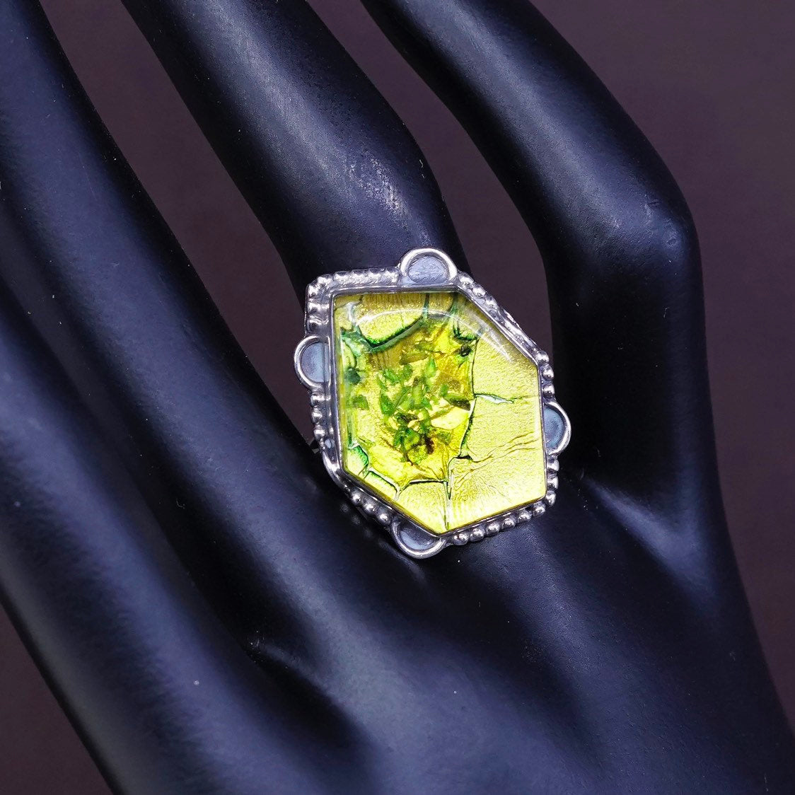 sz 8.5, Sterling silver handmade ring, southwestern 925 w/ yellow foiled glass
