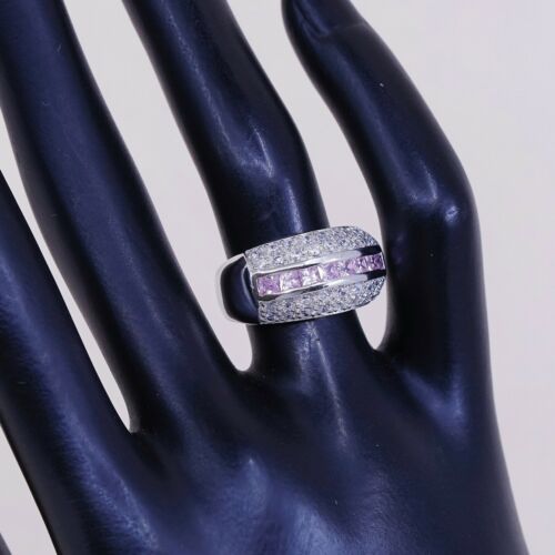 Size 6, Vtg Sterling Silver Handmade Ring, 925 Silver Band W/ Pink Cluster Cz