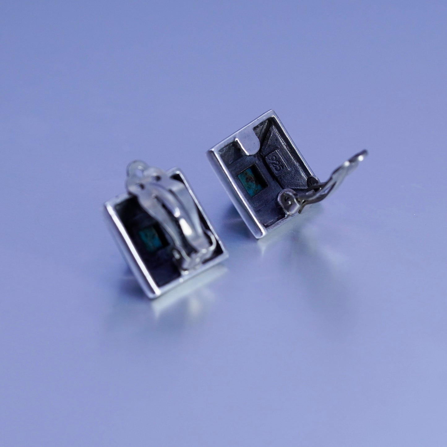 Native American Sterling 925 silver handmade earrings, square clip on turquoise