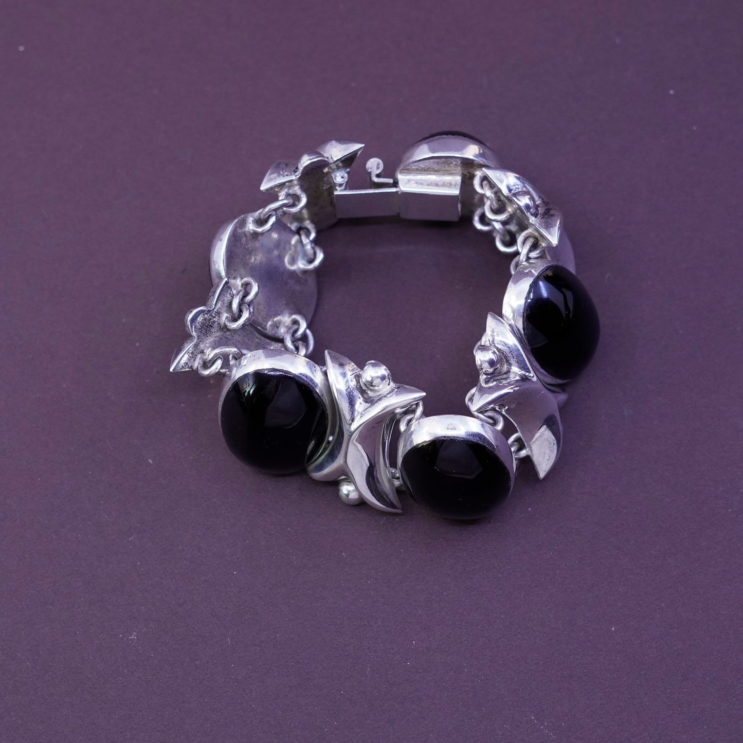 6.5”, vintage Sterling silver handmade bracelet, Mexico 925 link with oval onyx