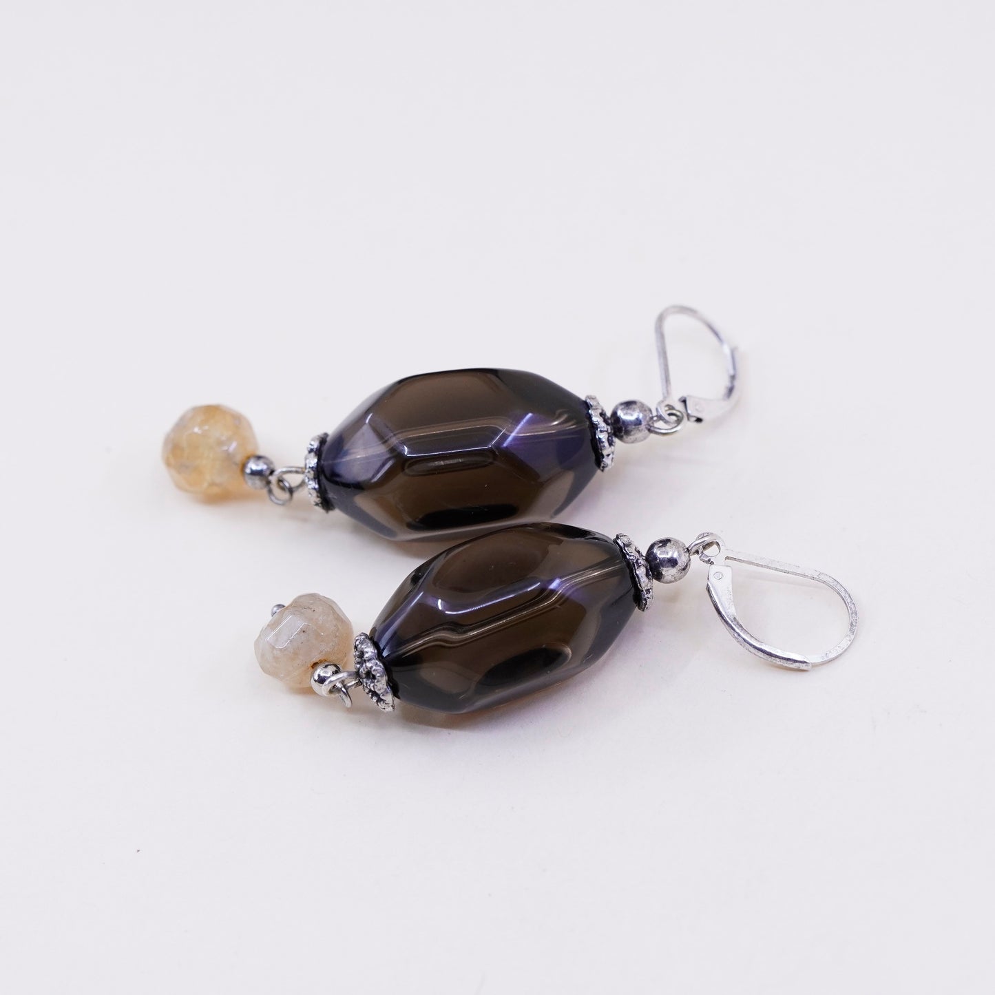 Vintage Sterling 925 silver handmade earrings with smoky topaz N citrine beads