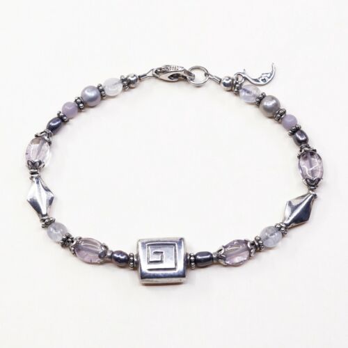 7.25”, Vtg Sterling Silver Handmade bracelet W/ Gray Pearl Beads N Moon Charm