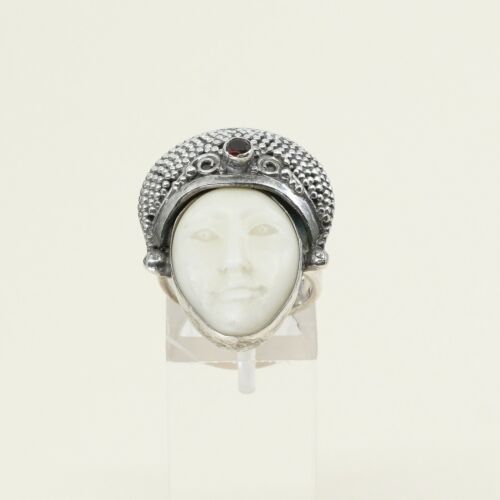 Sz 6.75, Sterling Silver 925 cocktail Ring W/ Cow Bone Bovine Moonface N Ruby