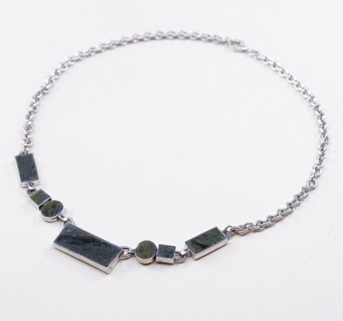 18”, 4mm, Vtg Handmade Sterling 925 Silver Circle Chain W/ Green Agate Inlay