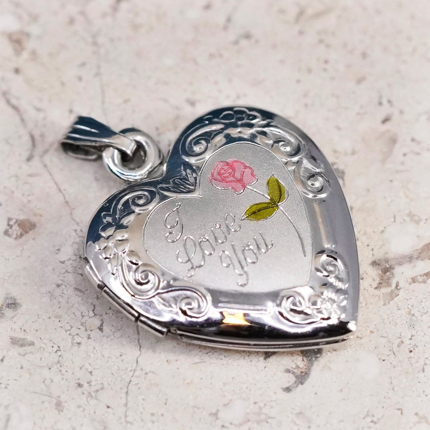 Vintage Sterling silver pendant, 925 heart photo locket engraved “I love you”