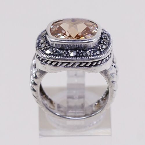 Sz 7, Vtg Sterling Silver Cocktail Ring, 925 W/ Checker Cut citrine n marcasite