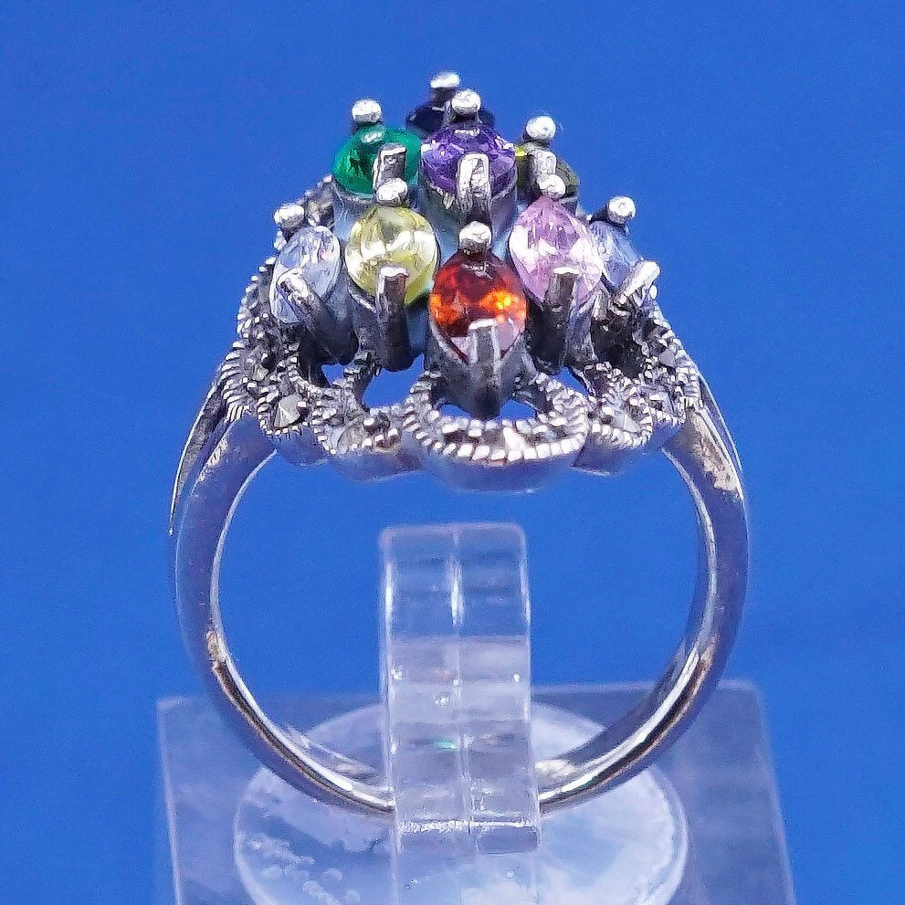 Size 5.75, sterling 925 silver ring, cluster crystal cocktail ring N marcasite