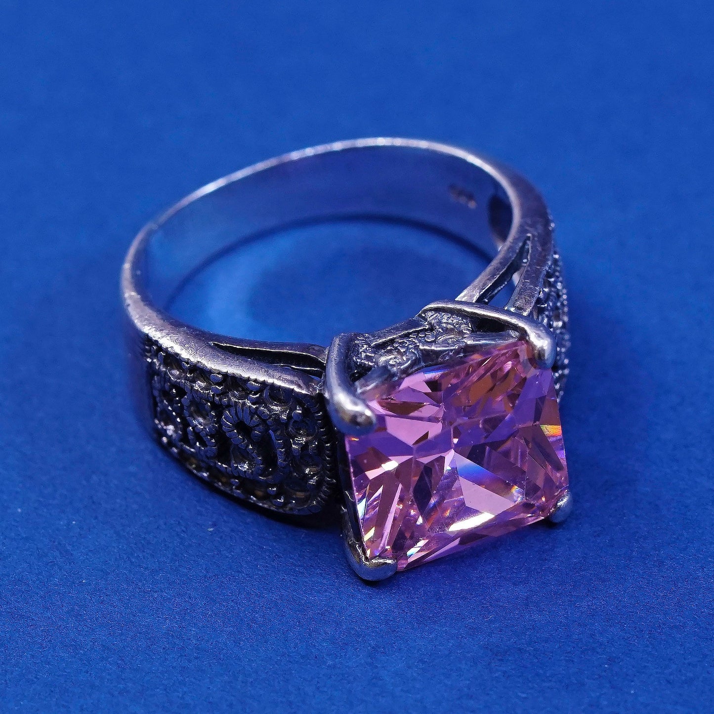sz 8.25 vtg WS Sterling silver handmade statement ring, 925 w/ pink crystal