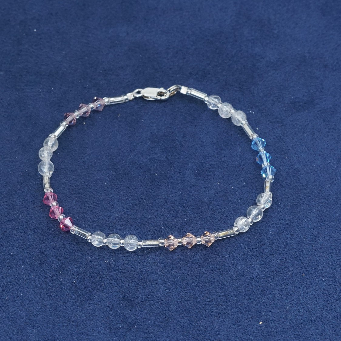 7”, sterling silver handmade bracelet, 925 circle chain w/ pink crystal beads