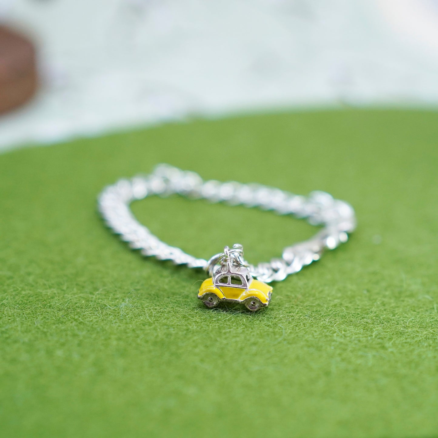7”, sterling silver double curb bracelet, 925 chain enamel yellow cap car charm
