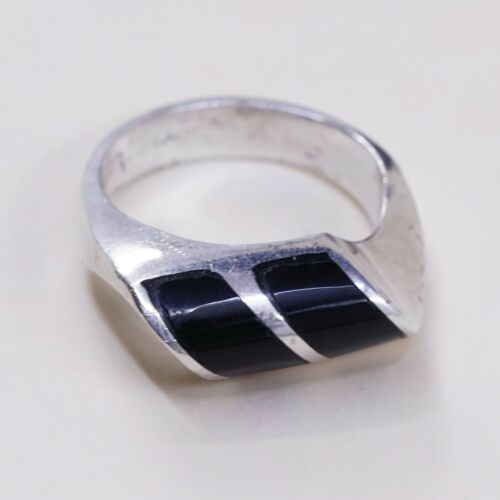 Sz 8, Vtg Sterling Silver Handmade Ring, Mexico 925 Modern Band W Obsidian Inlay