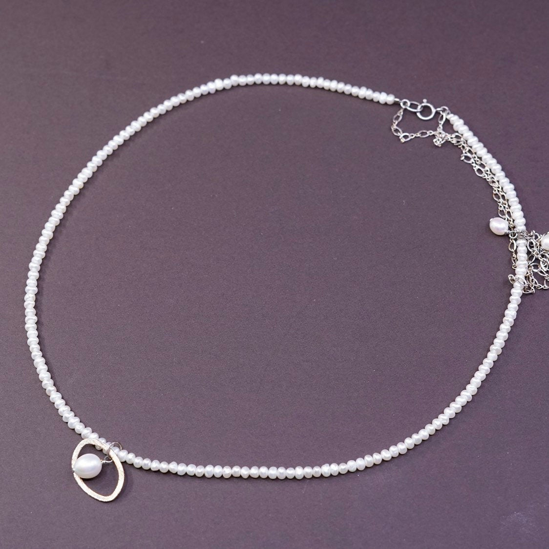16", sterling silver handmade necklace, 925 figaro chain w/ freshwater pearl