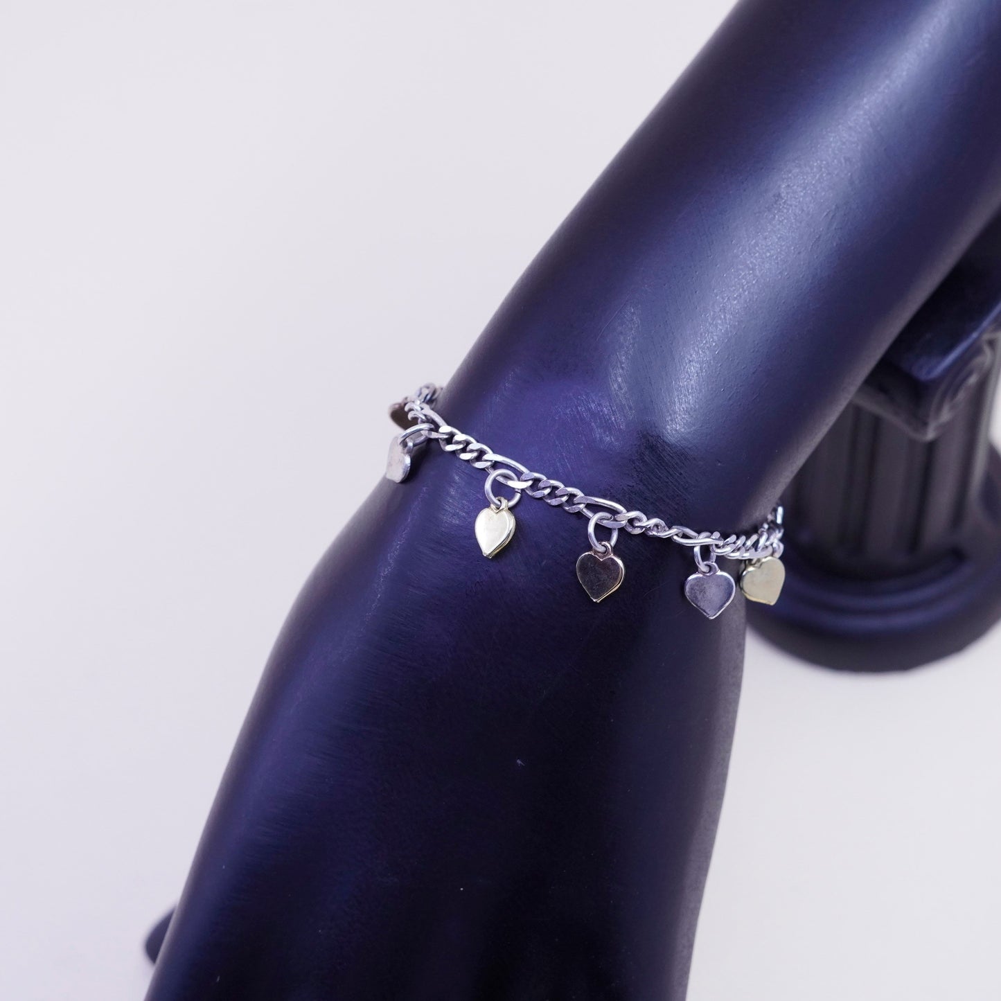 5.25”, Milor sterling silver bracelet 925 figaro chain triple tone heart charms