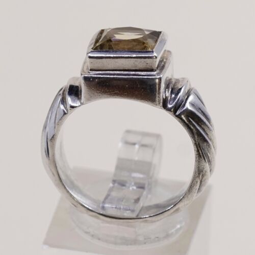 Sz 7, Vtg Sterling Silver handmade Ring, 925 Silver Ribbed Band W/ citrine