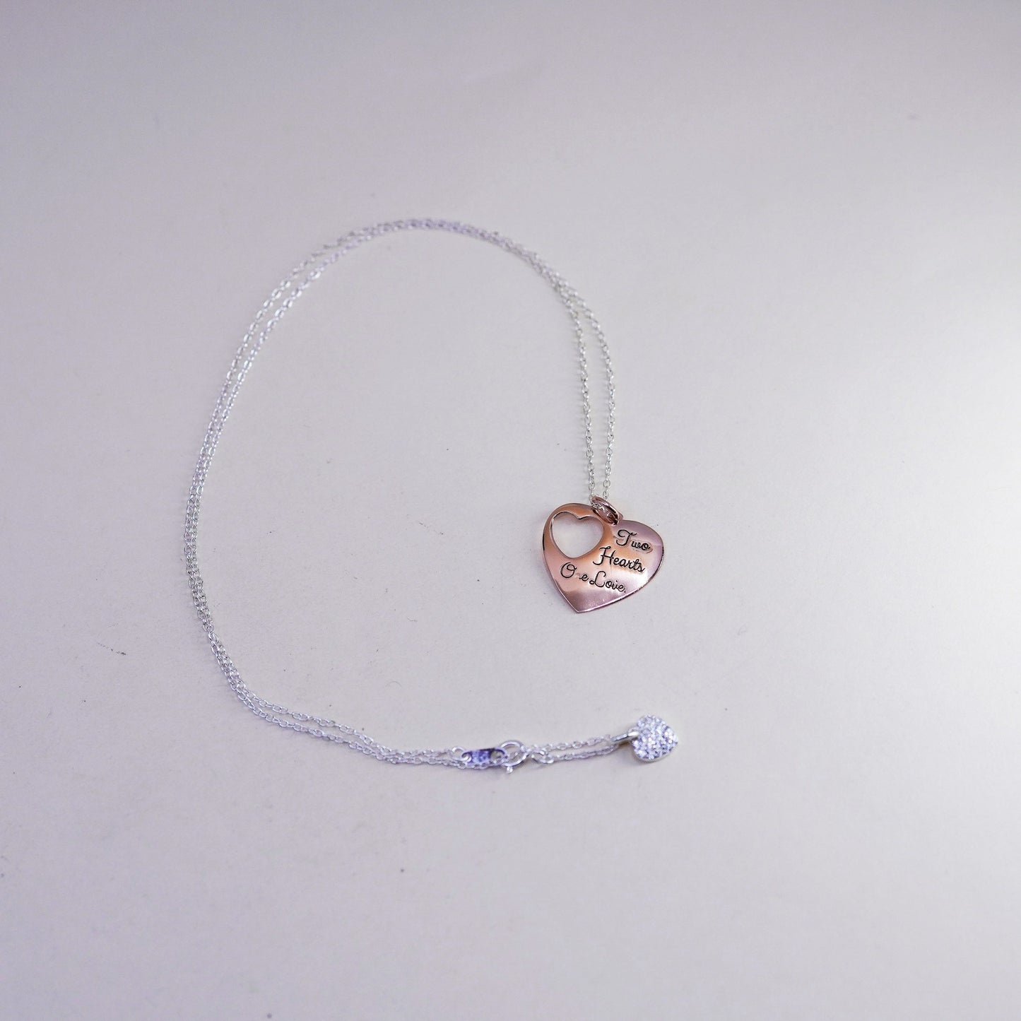 18”, Sterling silver necklace, 925 circle rose gold pendant two hearts one love