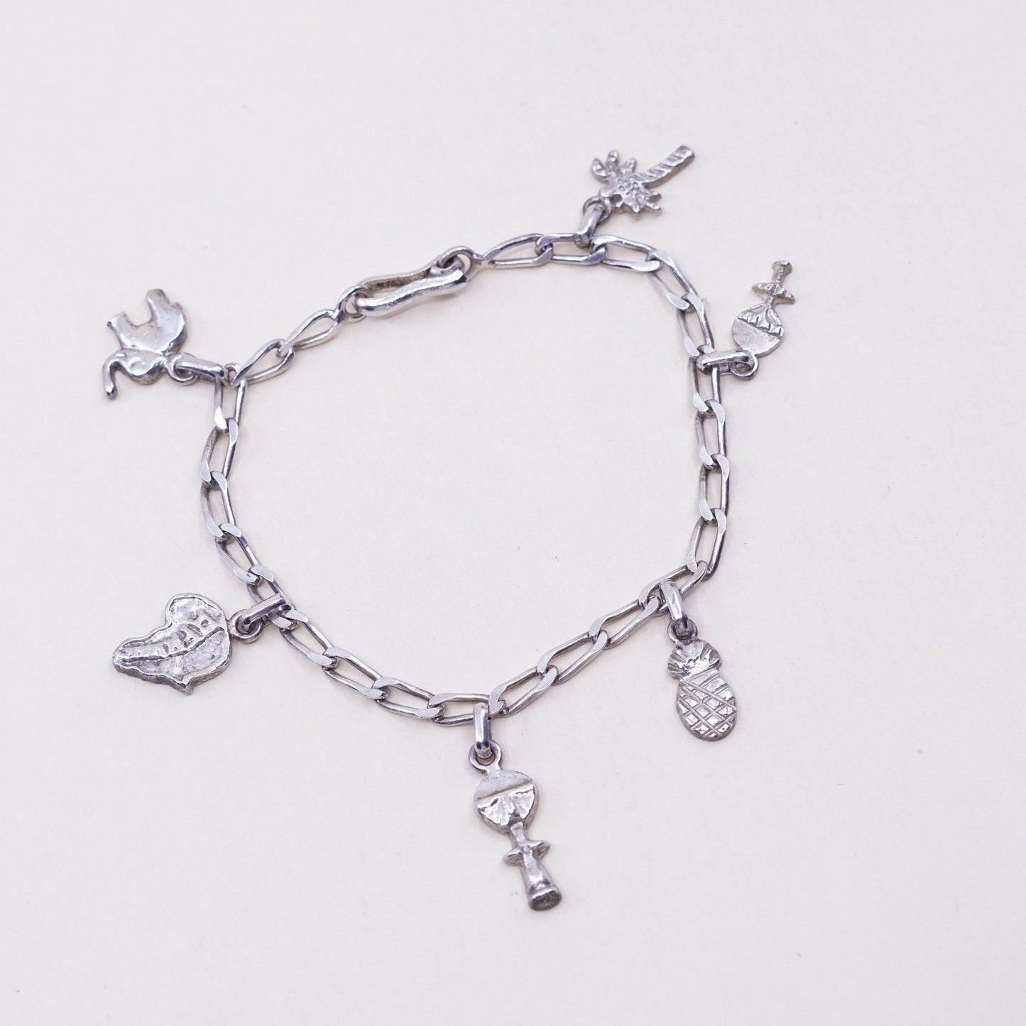 7”,, sterling 925 silver curb bracelet w/ palm tree pineapple elephant charms