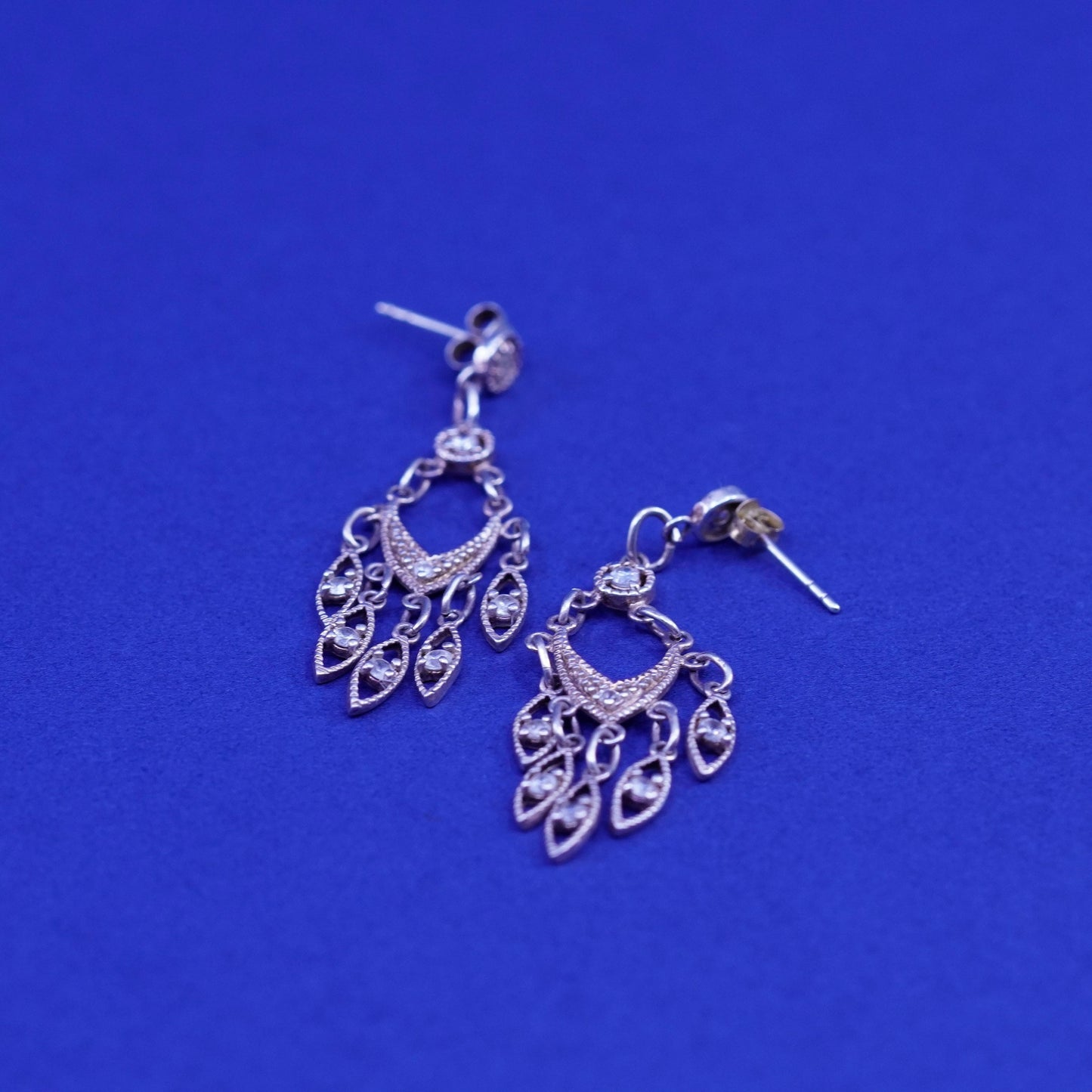 Vintage Sterling silver handmade earrings, filigree 925 teardrop with cz